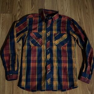 UOMO Plaid‎ Shirt Navy Orange Red Classic Long Sleeve Button Up Business Luxury